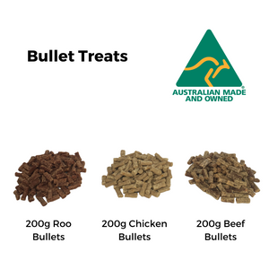 Bullet Treats consists of 200g Roo Bullets, 200g Chicken Bullets, 200g Beef Bullets each piece is approximately 1cm wide and 2cm long