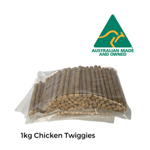 Load image into Gallery viewer, Pack of 1 Kg Chicken Twiggies made up of Chicken / Roo or Beef meat, Pumpkin, Carrot, Rice, Potato Starch, Salt, Sugar, Potassium Sorbet, Maltitol Syrup ( a natural sugar substitute)