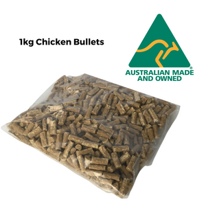 Pack of 1 Kg Chicken Bullets made up of Chicken / Roo or Beef meat, Pumpkin, Carrot, Rice, Potato Starch, Salt, Sugar, Potassium Sorbet, Maltitol Syrup ( a natural sugar substitute)