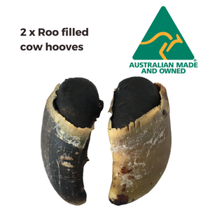 Pair of Roo Filled Cow Hooves made up of Kangaroo, plain flour, sugar, salt, sodium sorbate, charcoal powder and cow hoof