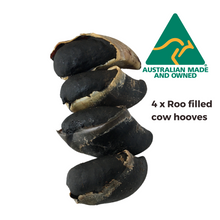 Load image into Gallery viewer, Set of 4 Roo Filled Cow Hooves made up of Kangaroo, plain flour, sugar, salt, sodium sorbate, charcoal powder and cow hoof