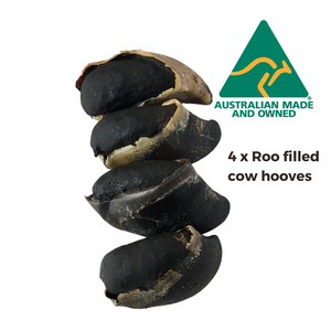 Set of 4 Roo Filled Cow Hooves made up of Kangaroo, plain flour, sugar, salt, sodium sorbate, charcoal powder and cow hoof