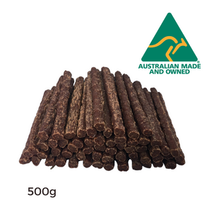 500g Twiggies made up of Australian made Roo Tail Pieces No preservatives Grain-free Gluten-Free and Colour free. Each piece is 1 cm wide and 12 cm long