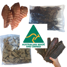 Load image into Gallery viewer, 1 kg bulk buy bag of Dehydrated Beef Liver, Beef Jerky, Chicken Breast, Kangaroo Crinkles, Grain-free chicken bites, 10 Sticks in Chicken, Lamb or Kangaroo flavors