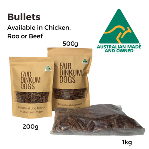 Packets of 200g, 500g and 1kg Bullets also available in Chicken Roo or Beef