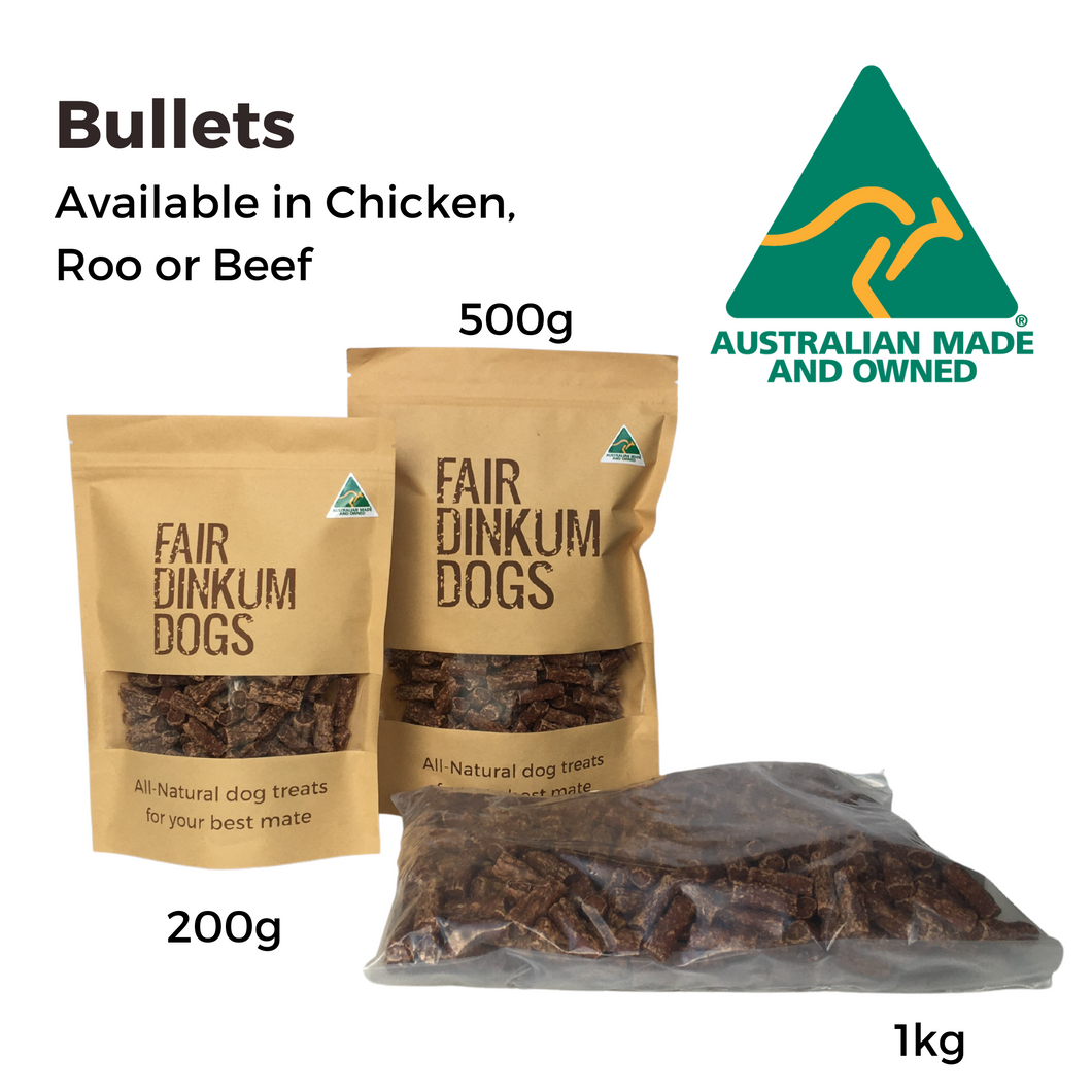 Packets of 200g, 500g and 1kg Bullets also available in Chicken Roo or Beef