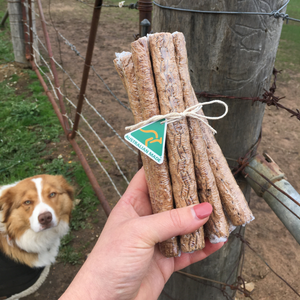 Grain-Free Beef, Chicken, or Roo Sticks which are gluten free and grain free. made up of Chicken, Beef or kangaroo meat, potato Starch, sugar, salt, sodium sorbet, maltitol syrup and food-grade colouring.