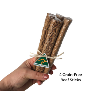 4 Grain-Free Beef, Chicken, or Roo Sticks which are gluten free and grain free. made up of Chicken, Beef or kangaroo meat, potato Starch, sugar, salt, sodium sorbet, maltitol syrup and food-grade colouring