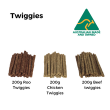 Load image into Gallery viewer, Twiggie Flavours - 200g Roo Twiggies, 200g chicken Twiggies, 200g Beef Twiggies
