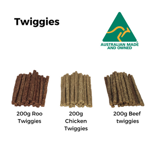Twiggie Flavours - 200g Roo Twiggies, 200g chicken Twiggies, 200g Beef Twiggies